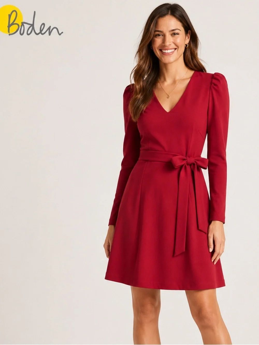 Boden Red Puff Sleeve Belted Fit & Flare Dress Size 4R NWOT